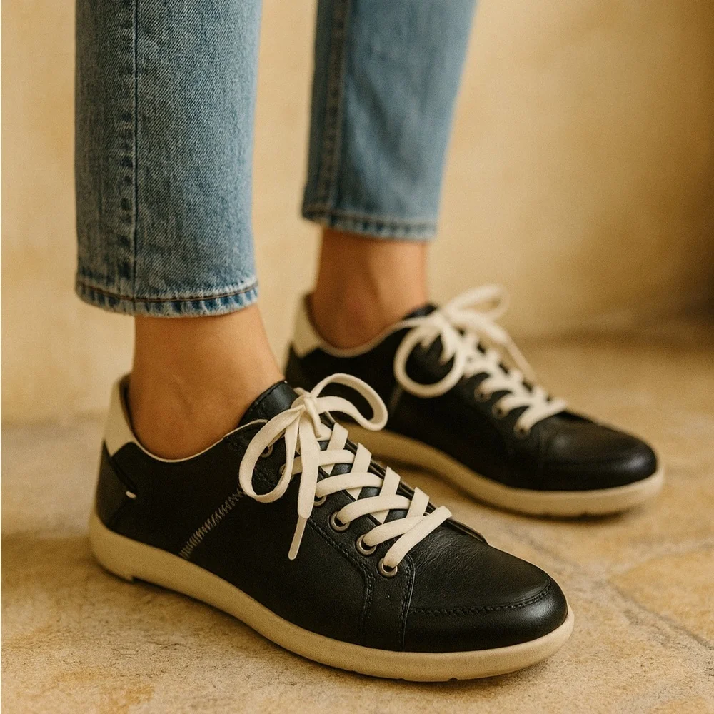 Cobb Hill By Rockport Amalie Black Cream Leather Tennis Laced Shoes Size 9